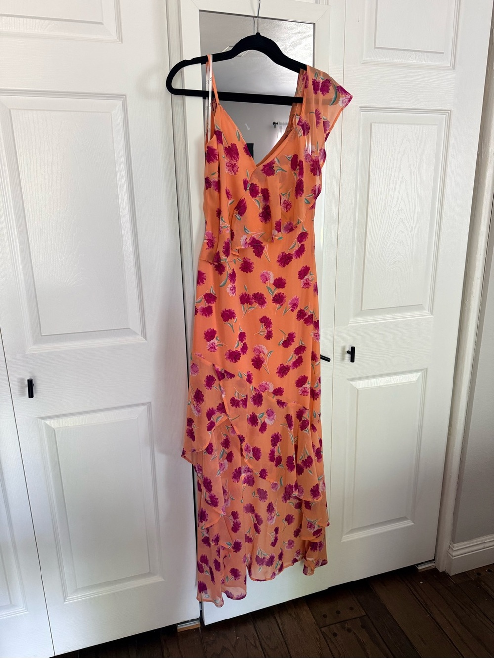 Lulu's Peach Asymmetrical Floral Ruffle Midi Dress with Pink Print